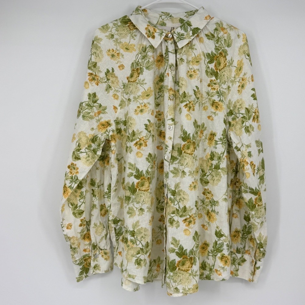 Laura Ashley Linen Blend Floral Button Down Shirt Cottagecore Women's XL